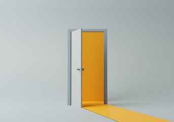 3d rendering with copy space, yellow light going through the open door isolated on light grey background. Architectural design element. Modern minimal concept. Opportunity metaphor.