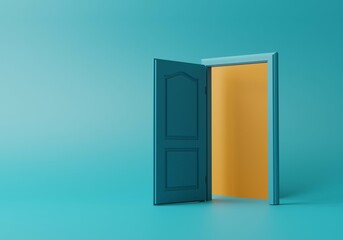 3d rendering illustration with copy space. Yellow light inside the open door, isolated on blue background. Room interior design element. Modern minimal concept. Opportunity metaphor.