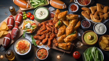 Super Bowl or football theme food table scene. Pizza, generative ai - obrazy, fototapety, plakaty