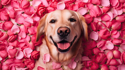 Golden retriever  with rose flowers and petals around, Valentine's Day concept, Valentine dog 