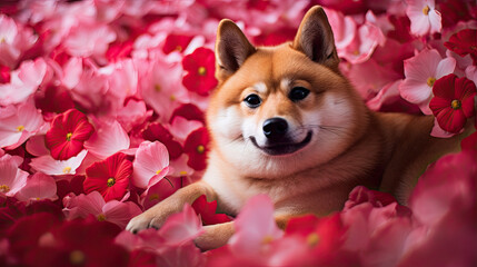Shiba Inu  with rose flowers and petals around, Valentine's Day concept, Valentine dog 