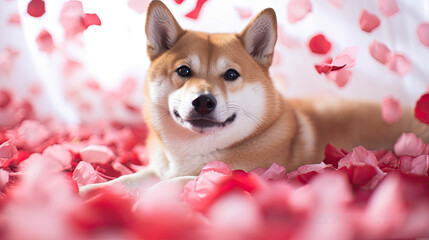 Shiba Inu  with rose flowers and petals around, Valentine's Day concept, Valentine dog 