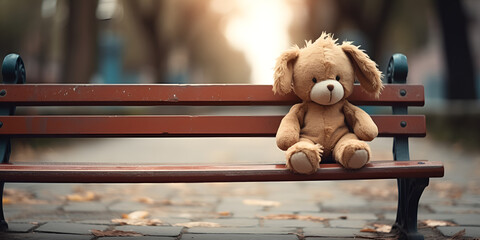 Teddy Bear Left Alone On Road, brown bear plush toy, Teddy Bear Sits, Brown Teddy Bear on Brown Wooden Bench generative Ai,  - obrazy, fototapety, plakaty