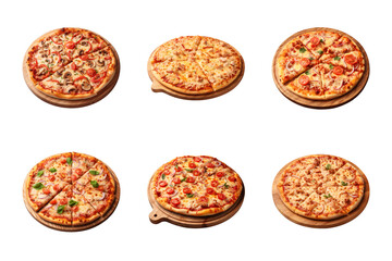 collection of fresh pizza on a wooden board isolated on a transparent background