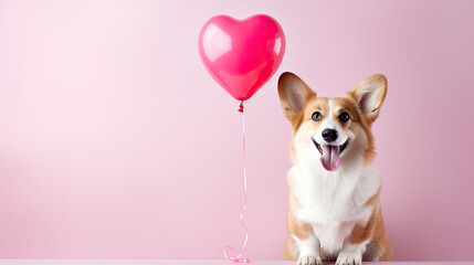 Fototapeta na wymiar Corgi dog with heart shaped balloon, Valentine's Day concept 