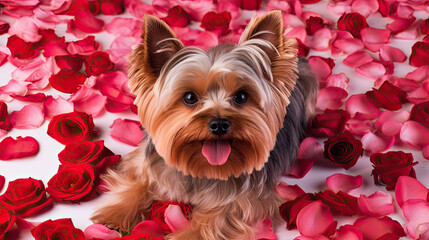 Yorkshire terrier with rose flowers and petals around, Valentine's Day concept, Valentine dog 