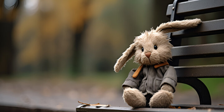 teddy toy bunny rabbit sat on an old wooden, A Little Sad Plush Rabbit Sitting, Plush Bunny, generative Ai 