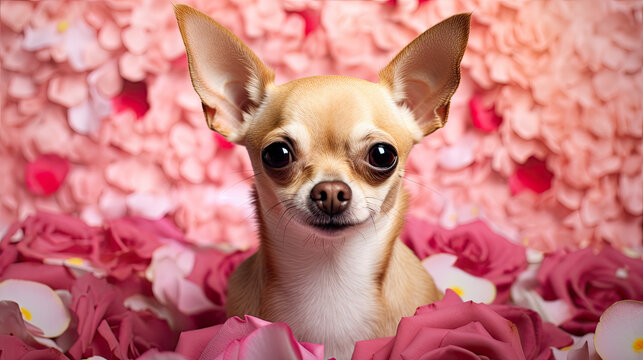 Chihuahua with rose flowers and petals around, Valentine's Day concept, Valentine dog 