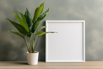 A sleek picture frame and a green banana plant minimalist