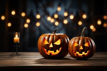 Fototapeta premium A spooky, empty wooden table featuring a classic Halloween jack o lantern