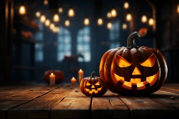 Fototapeta premium A spooky, empty wooden table featuring a classic Halloween jack o lantern