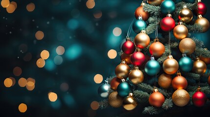 christmas tree tree with colorful ball ornaments and beautiful bokeh background