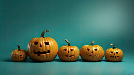 Halloween pumpkins on a teal background.
