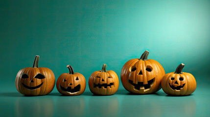 Halloween pumpkins on a teal background.