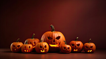Halloween pumpkins on a dark maroon background.