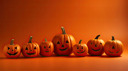 Halloween pumpkins on a dark orange background.