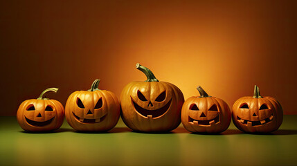 Halloween pumpkins on a dark lime background.