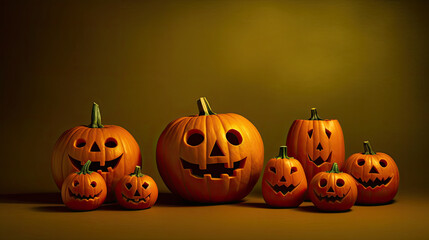 Halloween pumpkins on a dark lime background.