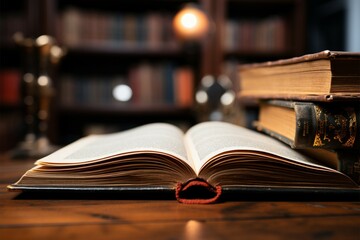 Naklejka premium Academic ambiance An old open textbook in a library setting