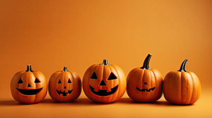 Halloween pumpkins on a light brown background.