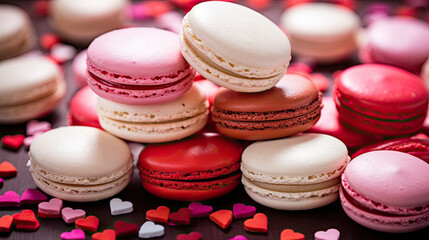 Fototapeta na wymiar macaroons on wooden background, Valentine's Day inspired bakery, red and pink macaroons 