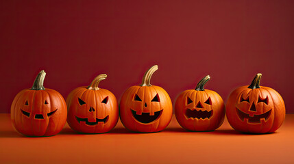Halloween pumpkins on a light maroon background.