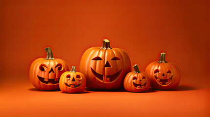 Halloween pumpkins on a light red background.