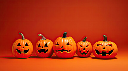 Halloween pumpkins on a light red background.