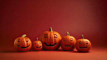 Halloween pumpkins on a light maroon background.