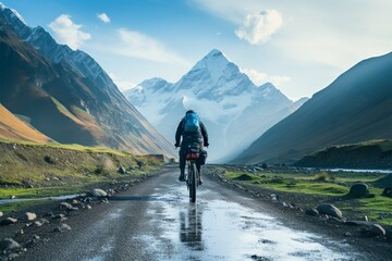 Amidst Georgian mountains, a man in a blue jacket explores on two wheels