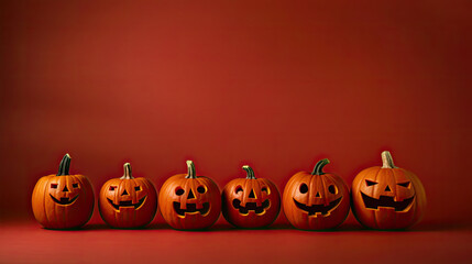Halloween pumpkins on a vivid maroon background.