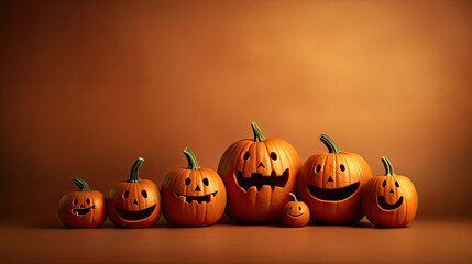 Halloween pumpkins on a vivid brown background.