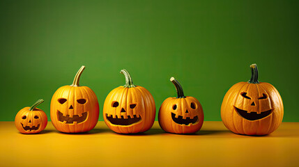Halloween pumpkins on a vivid lime background.