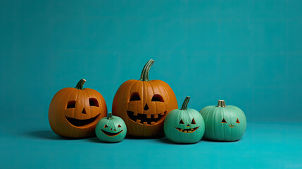 Halloween pumpkins on a vivid cyan background.