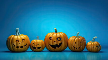 Halloween pumpkins on a vivid blue background.