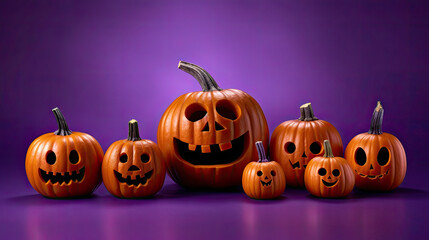 Halloween pumpkins on a vivid purple background.