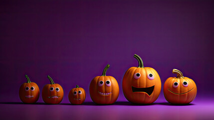 Halloween pumpkins on a vivid purple background.