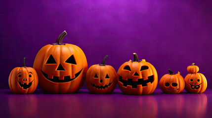 Halloween pumpkins on a vivid purple background.
