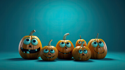 Halloween pumpkins on a vivid cyan background.