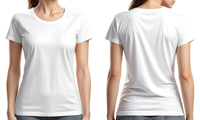 Print design template of young woman in blank t-shirt from front and rear view isolated on white background - 661824404