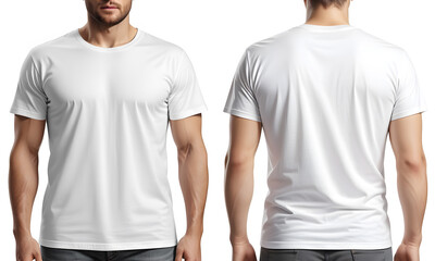 Print design template of muscle man in blank t-shirt from front and rear view isolated on white background - obrazy, fototapety, plakaty