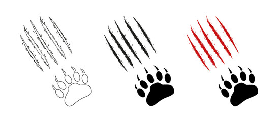 Bear or Grizzly Paw print with scratches. Claw marks, cuts, wounds. Silhouette, contour. Red blood scratches. Vector isolated. Clip Art. Wild animal paw with claw marks. Icon, print, tattoo, postcard.
