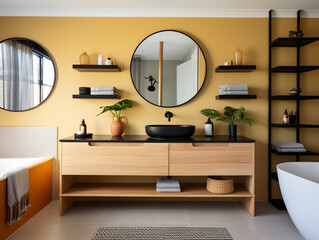 Yellow-toned ensuite bathroom with wall-mounted wooden vanity, black sink and pill-shaped mirrors. Modern and luxurious decoration.