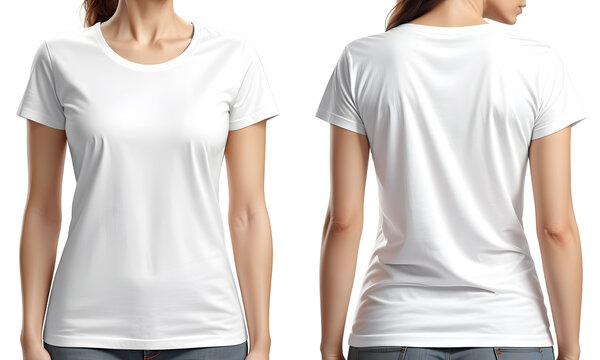 Print design template of young woman in blank t-shirt from front and rear view isolated on white background