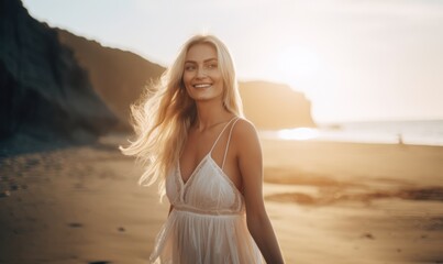 Fototapeta na wymiar beautiful smiling woman at the beach win sun behind her