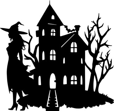 Witch and haunted house vector design, Halloween witches silhouette, Black Witchcraft SVG, Magical season PNG images, Halloween costume sublimation designs