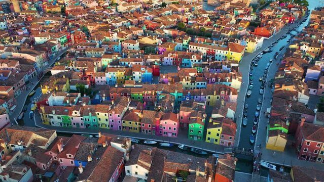 Aerial view of the colorful houses on Burano Island, in the province of Venice, Veneto region, Italy