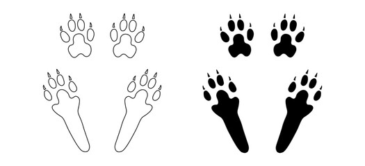 Rabbit or hare paw footprints. Silhouette and contour of four paws, hind and front. Black vector isolated. Paw step print of bunny, hare or pika. Icon, symbol. Print, textile, postcard, pet store zoo © Jafree