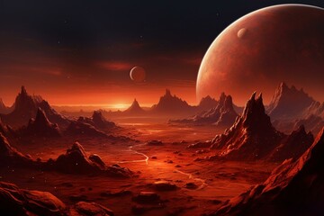 Unknown red planet with craters, mountains, and moons. Extraterrestrial landscape. Generative AI - obrazy, fototapety, plakaty