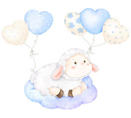 cute sheep and balloons on cloud